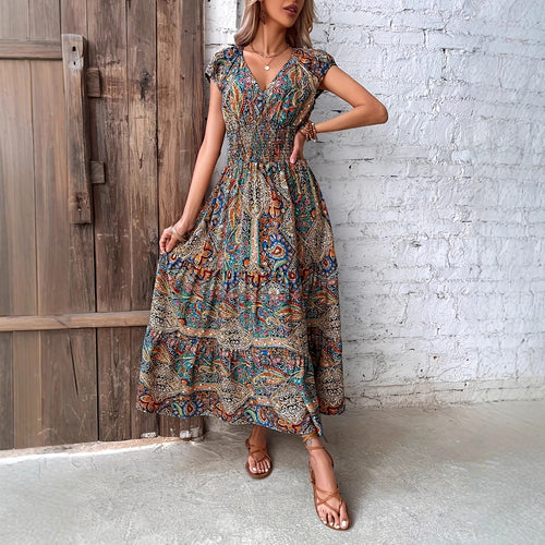 Boho maxi dress for women with ruched bodice and short sleeves Lune London