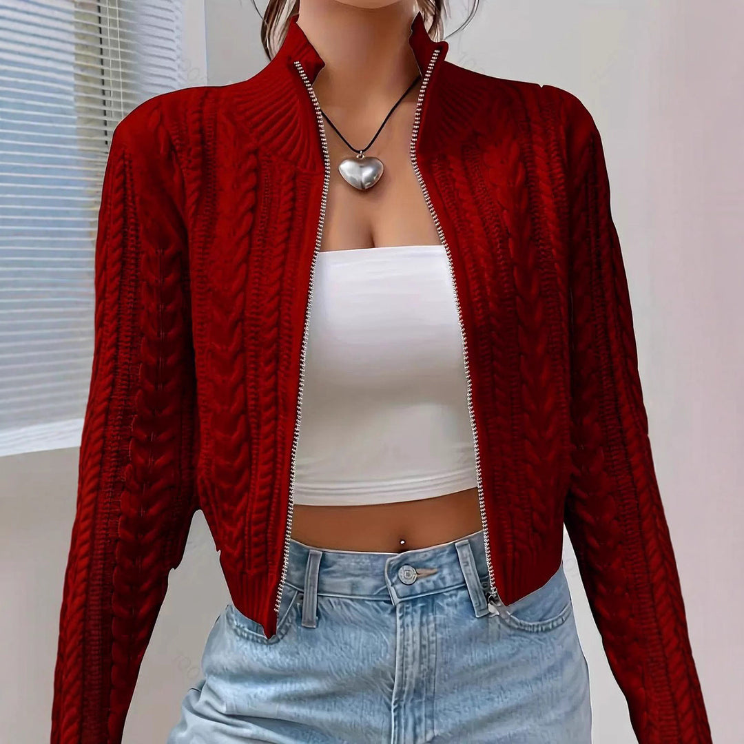 Ladies' knitted jacket with an elegant cable pattern and a modern high collar Lune London