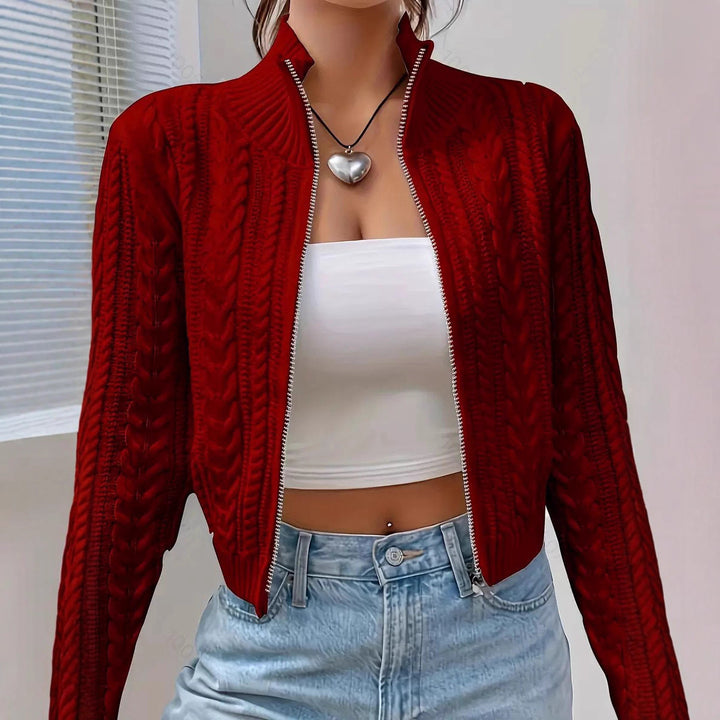 Ladies' knitted jacket with an elegant cable pattern and a modern high collar Lune London