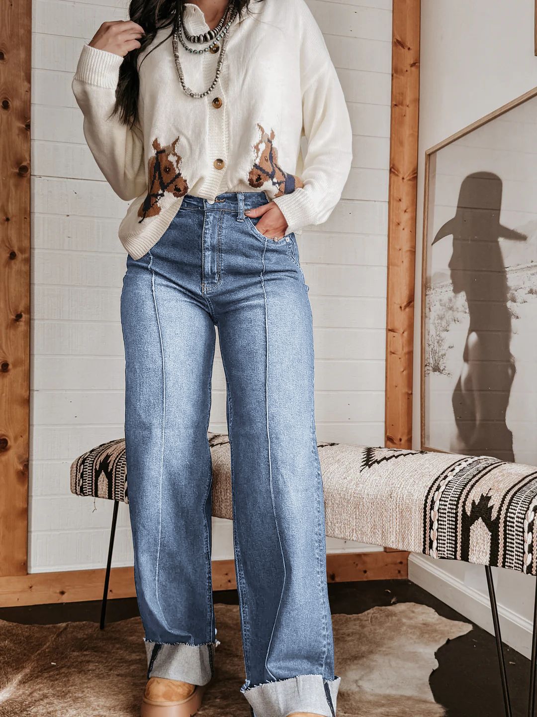 Women wide High-Waist jeans with unique contrast seams and casual look Lune London