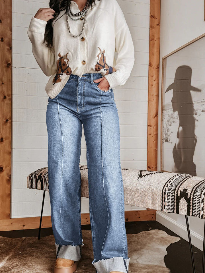 Women wide High-Waist jeans with unique contrast seams and casual look Lune London