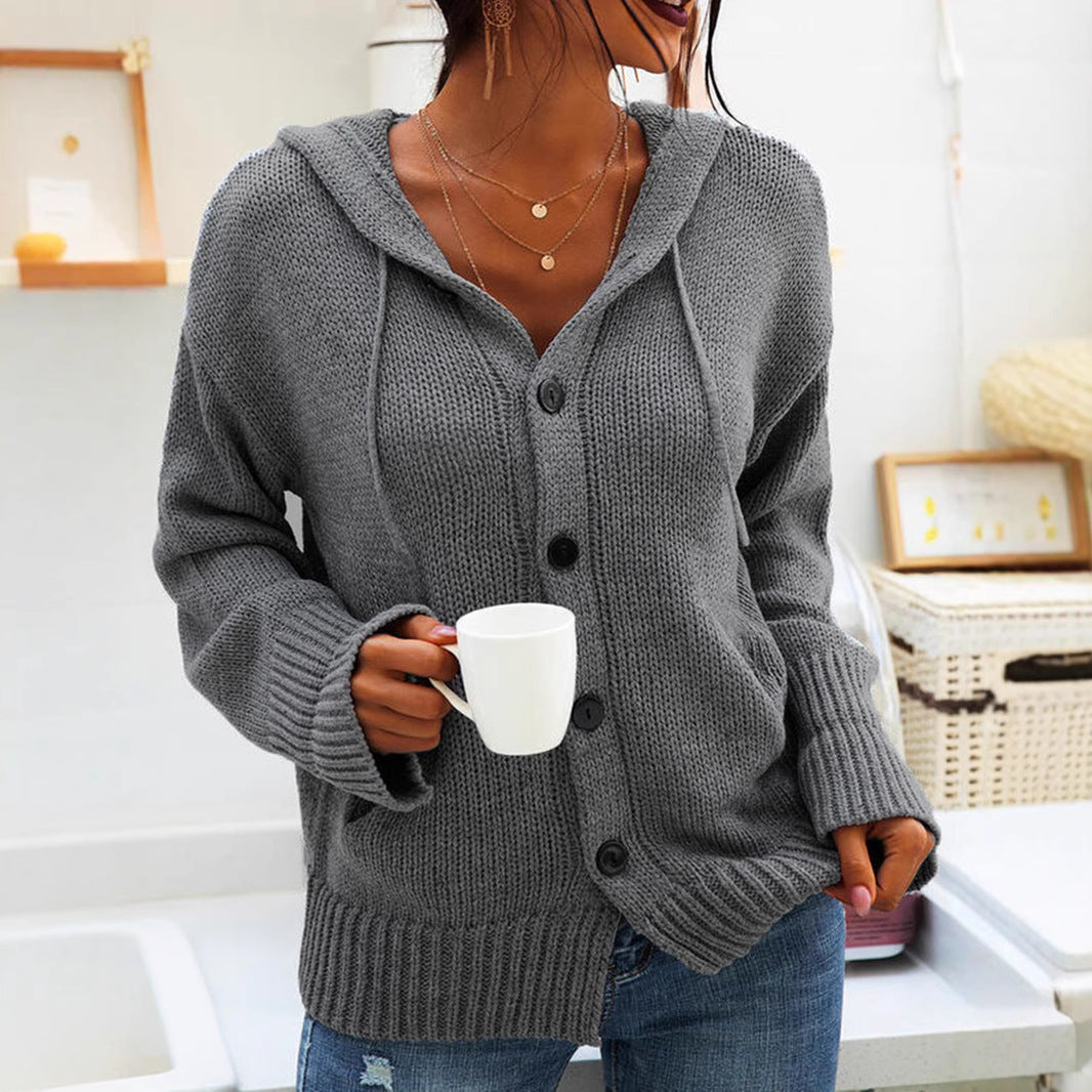 Ladies chunky knit cardigan with hood and practical pockets Lune London