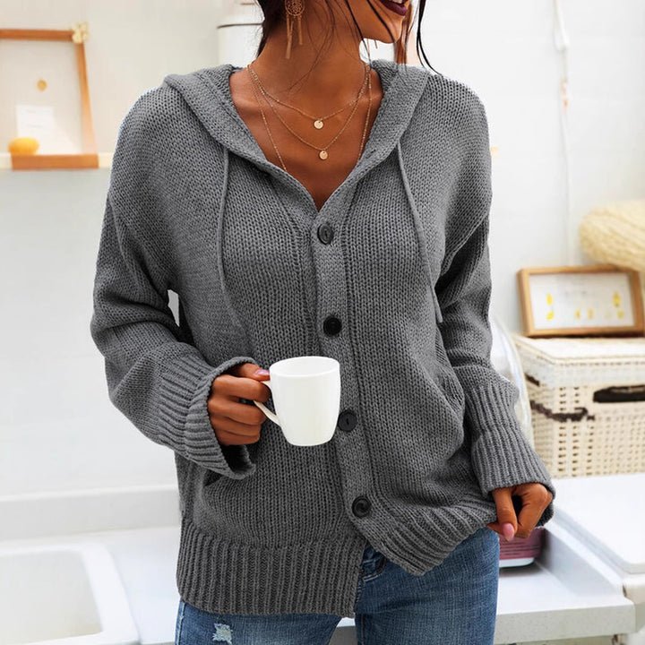 Ladies chunky knit cardigan with hood and practical pockets Lune London