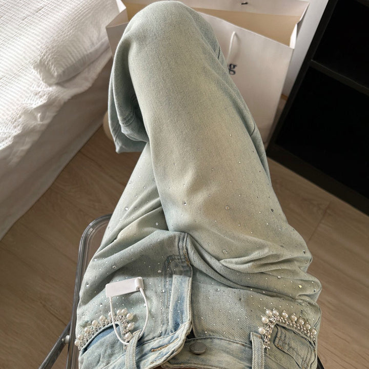 Women's denim pants with elegant pearl embellishments and a trendy cut Lune London