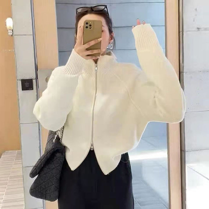 Knitted jacket for women with high-quality zipper and stand-up collar Lune London