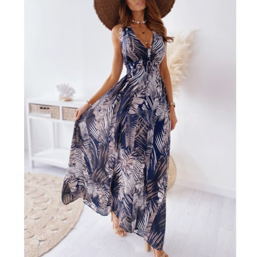 Maxi dress with tropical print for women with adjustable belt Lune London