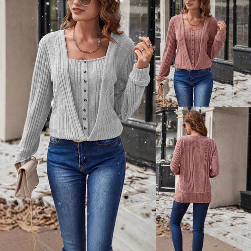 Knitted sweater for women with deep V-neck and button details Lune London