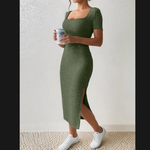 Lune London fitted maxi dress for women with side slits and stretchy material