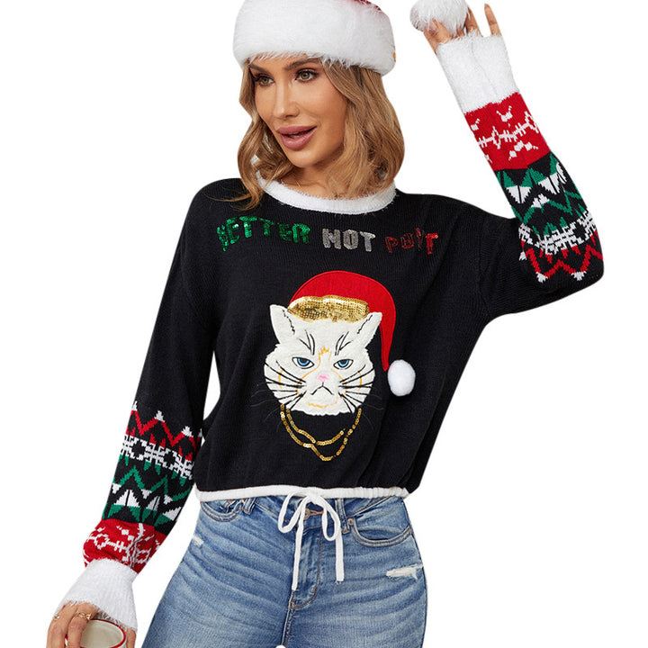 Lady fun Christmas sweater with chic cat pattern and style