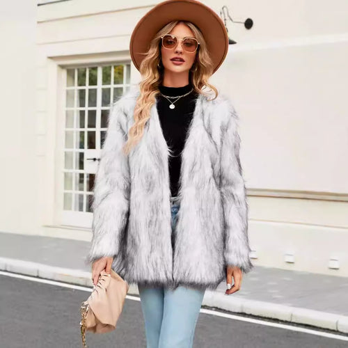 Ladies Luxury Faux Fur Coat with Open Collar Lune London