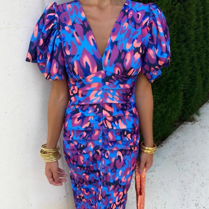 Midi dress for women with exciting puffed sleeves and a deep V-neck Lune London