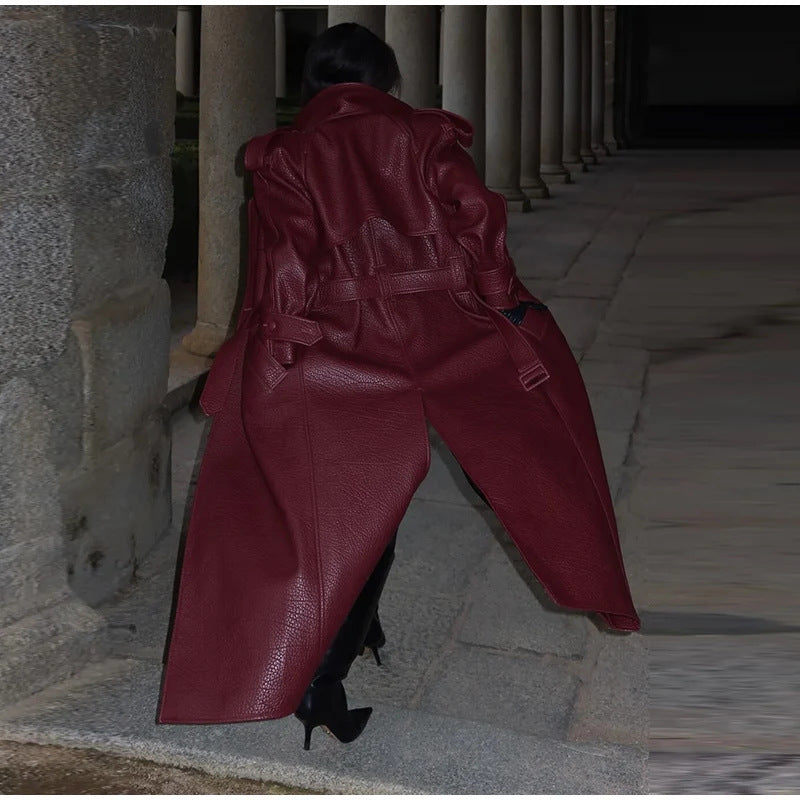 Women's Oversized Faux Leather Trench Coat with High Collar and Removable Belt Lune London