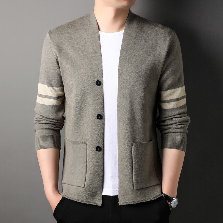 Fashion knitted cardigan for men with low collar and decorative stripes Lune London