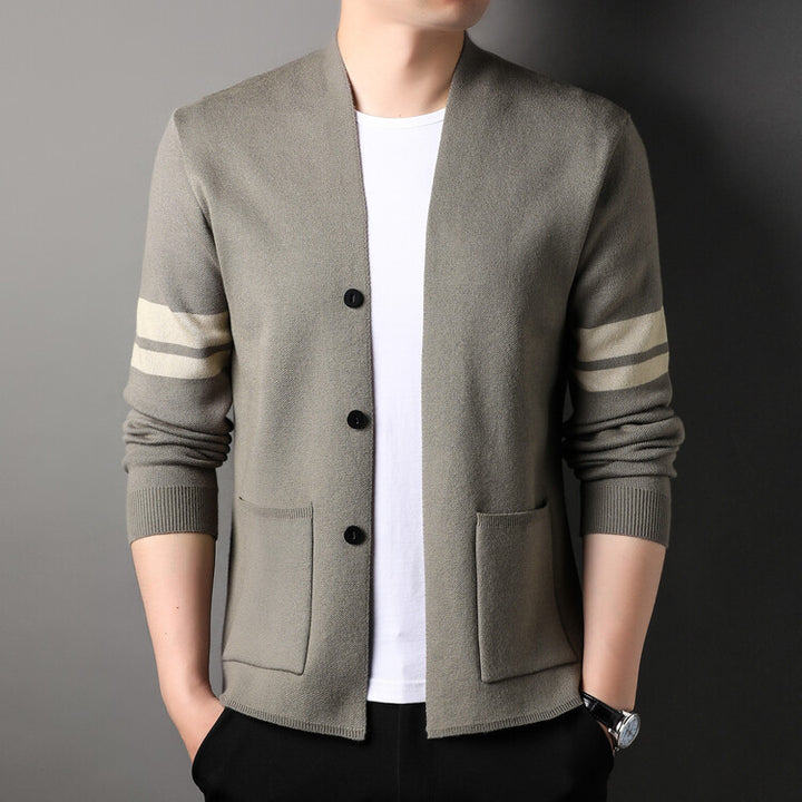 Fashion knitted cardigan for men with low collar and decorative stripes Lune London
