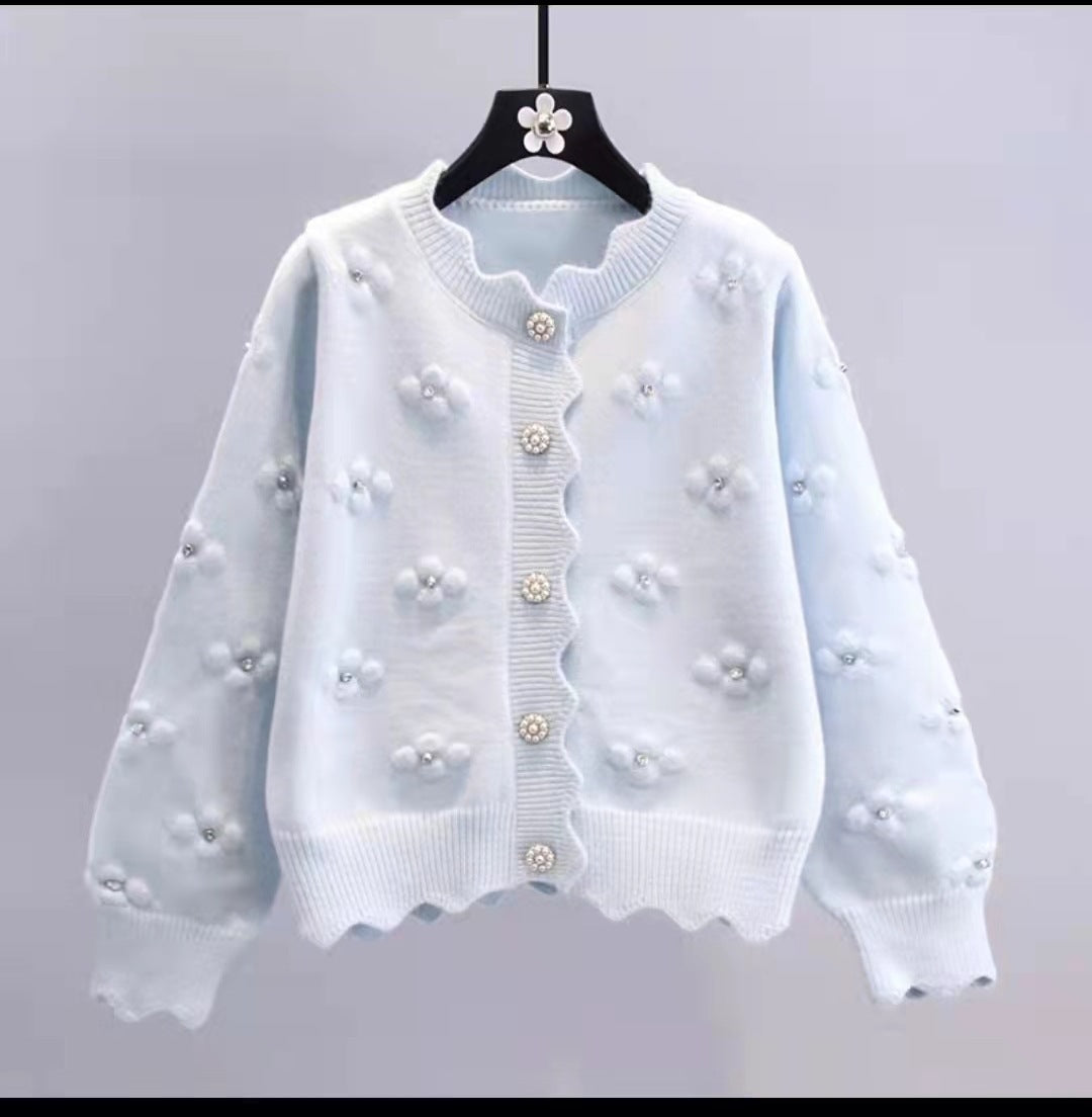 Ladies Loose Knit Vest with Floral Applications and Pearl Buttons Lune London