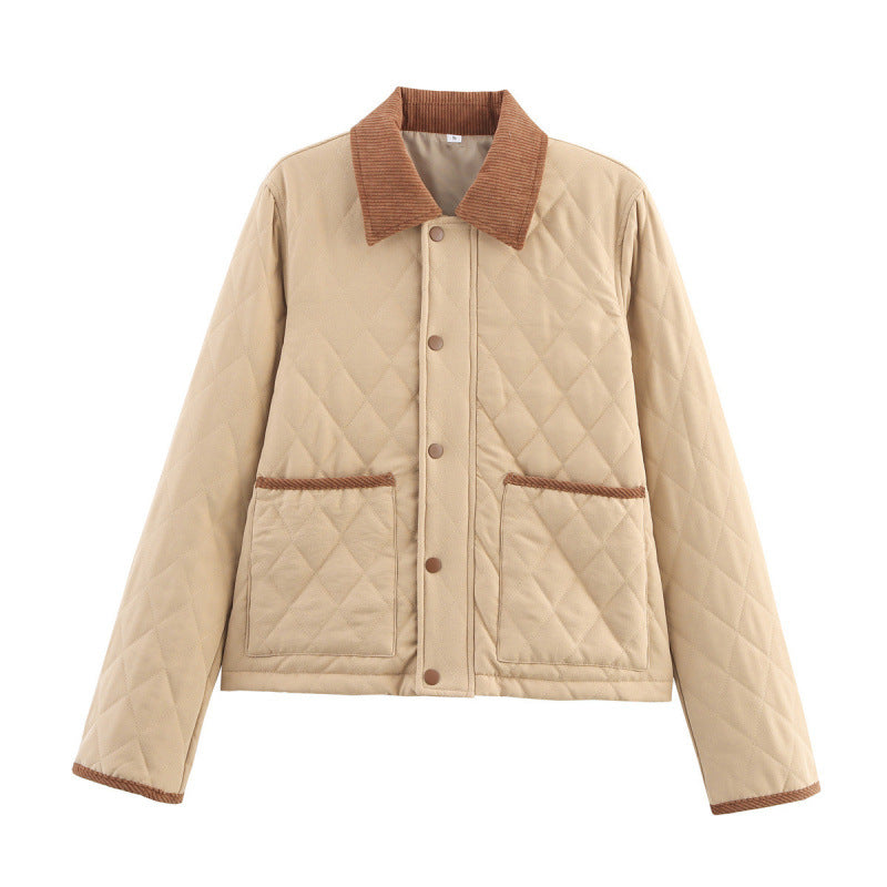 Quilted transitional jacket for women with corduroy collar and practical pockets Lune London