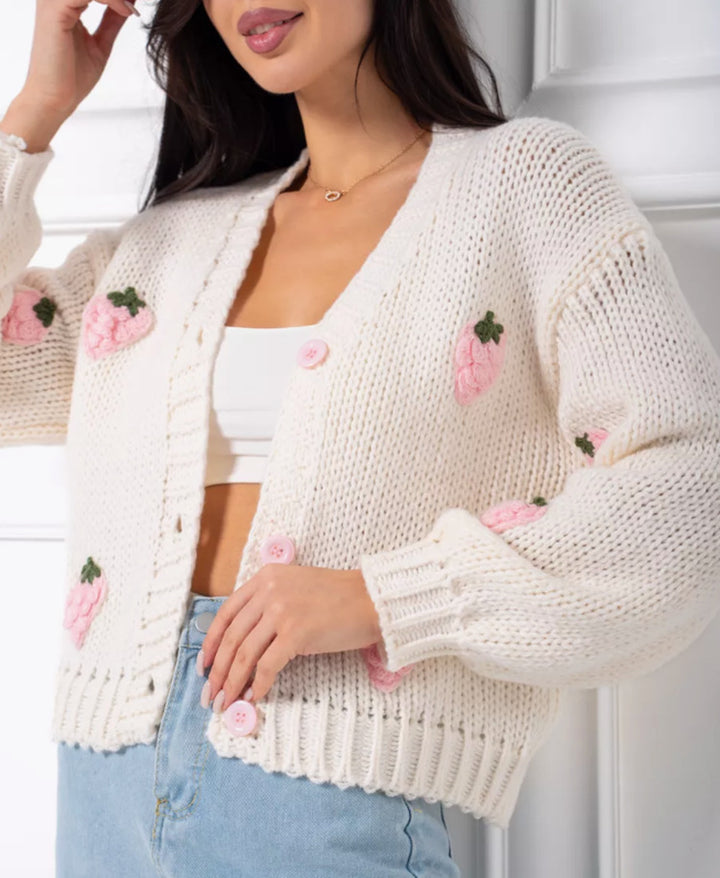 Ladies knit cardigan with strawberry appliqués Lune London