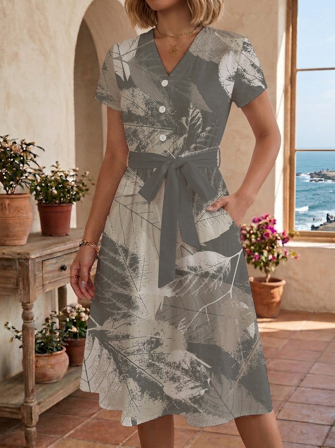 Women's Blooming Midi Dress with Adjustable Belt and Artistic Print Lune London
