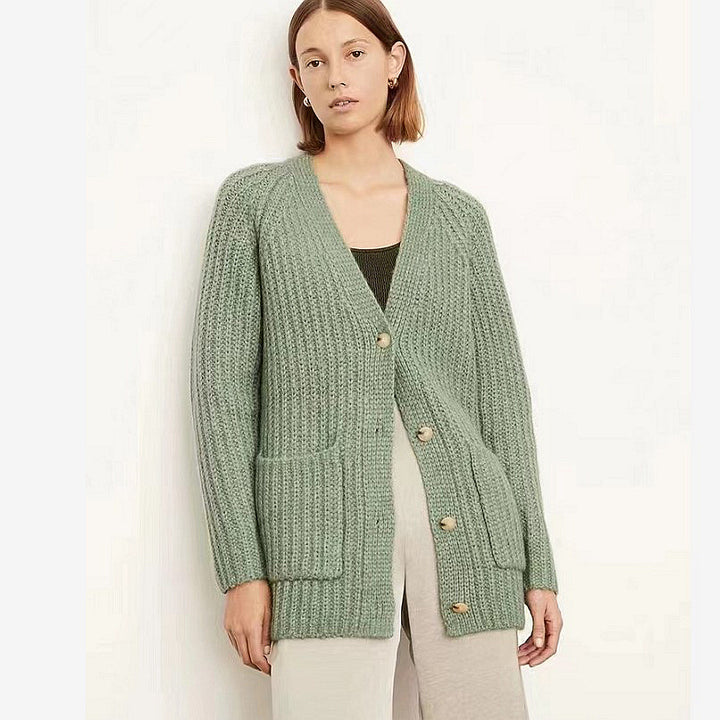 Ladies Chunky Knit Cardigan with large pockets and chic button details
