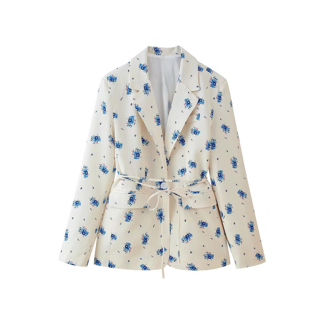 Women Fashion Blazer Jacket with Floral Design and Adjustable Tied Belt Lune London