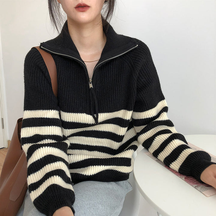 Women's striped sweater with mid-length zip and casual fit Lune London