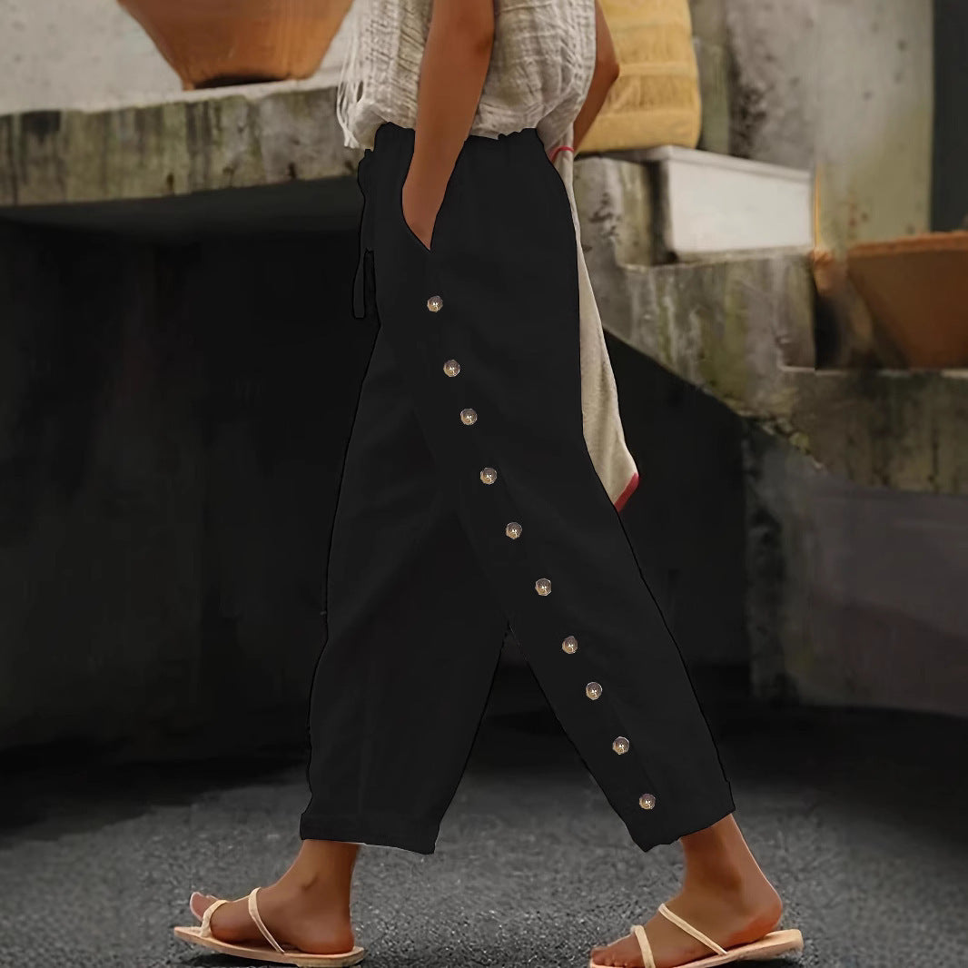 Lune London Women's trendy palazzo pants with button details and elastic waist