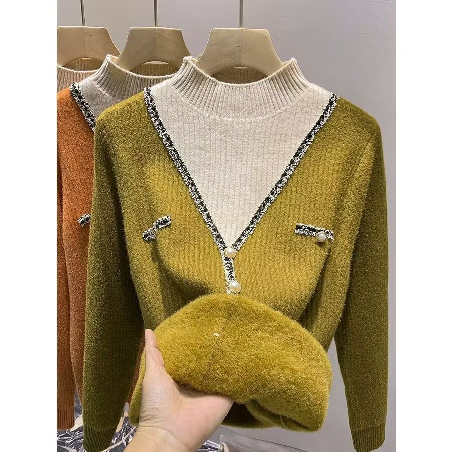Pull femme à la mode avec col en V, détails scintillants et boutons Chic & Stil