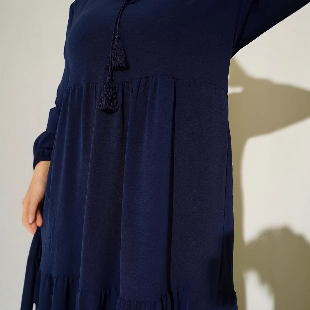 Maxi dress for women with voluminous skirt and fine fringes Lune London