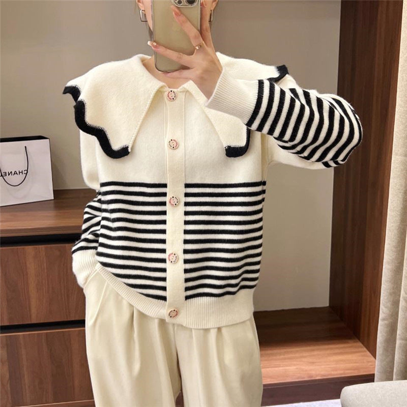 Knitted jacket for women with a large ruffled collar and contrasting stripes Lune London