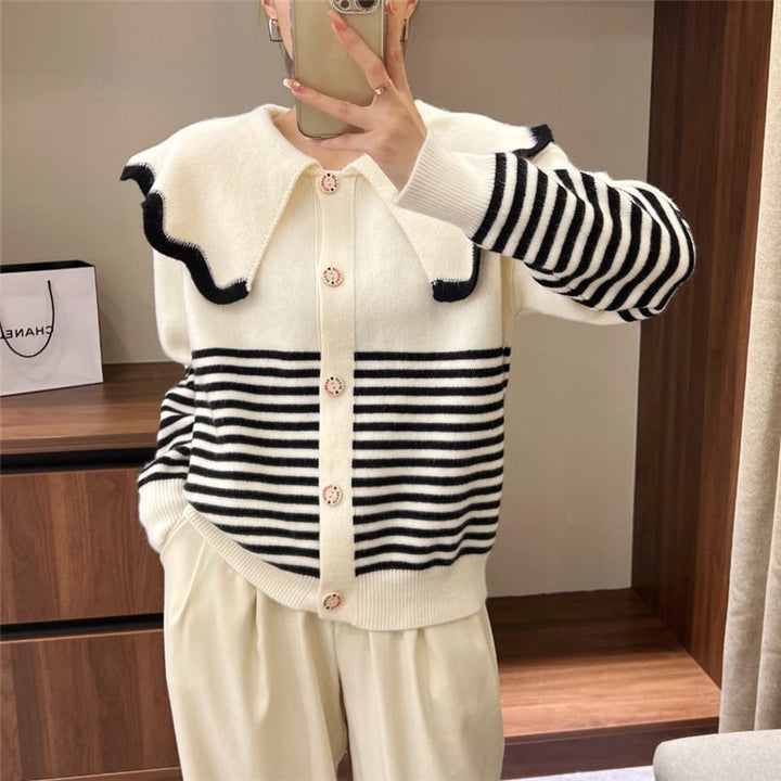 Knitted jacket for women with a large ruffled collar and contrasting stripes Lune London