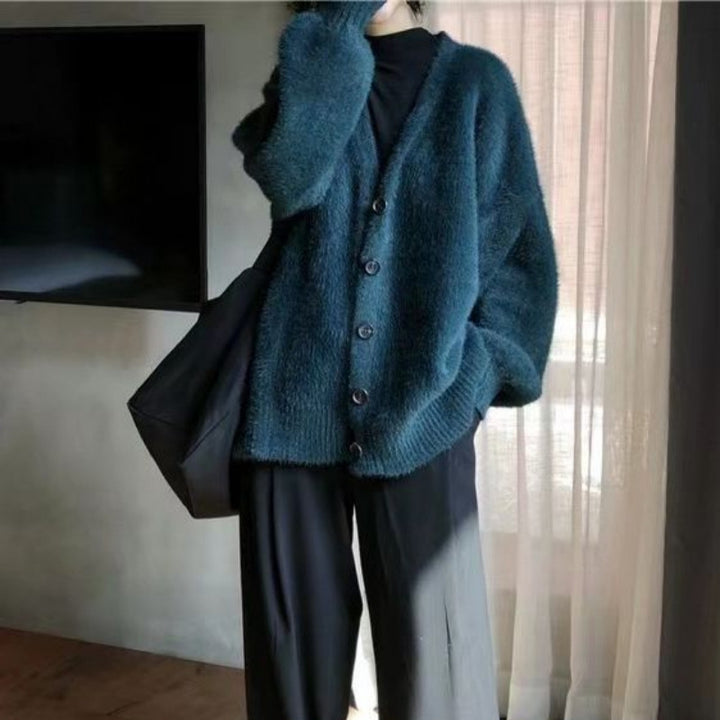 Cardigan Fluffy Femme avec Gros Boutons et Design à Coupe Large Chic & Stil