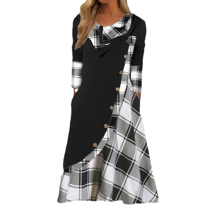 Lune London | Plaid Split Button Pocket Stacked Collar Long Sleeve Dress