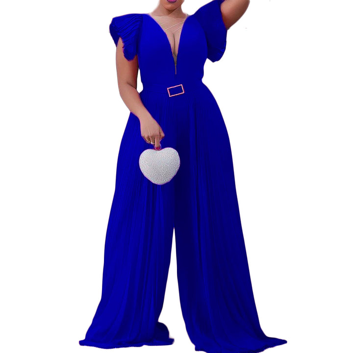 Ladies Pleated Pants with Deep V-neck and Fitted Belt Lune London