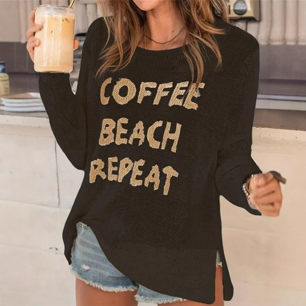 Casual knitted sweater for ladies with embroidered inscription Lune London