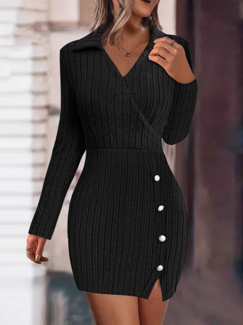 Wrap neckline knitted dress for women with elegant buttons Lune London