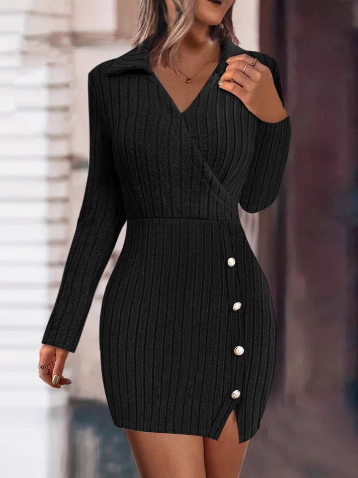 Wrap neckline knitted dress for women with elegant buttons Lune London