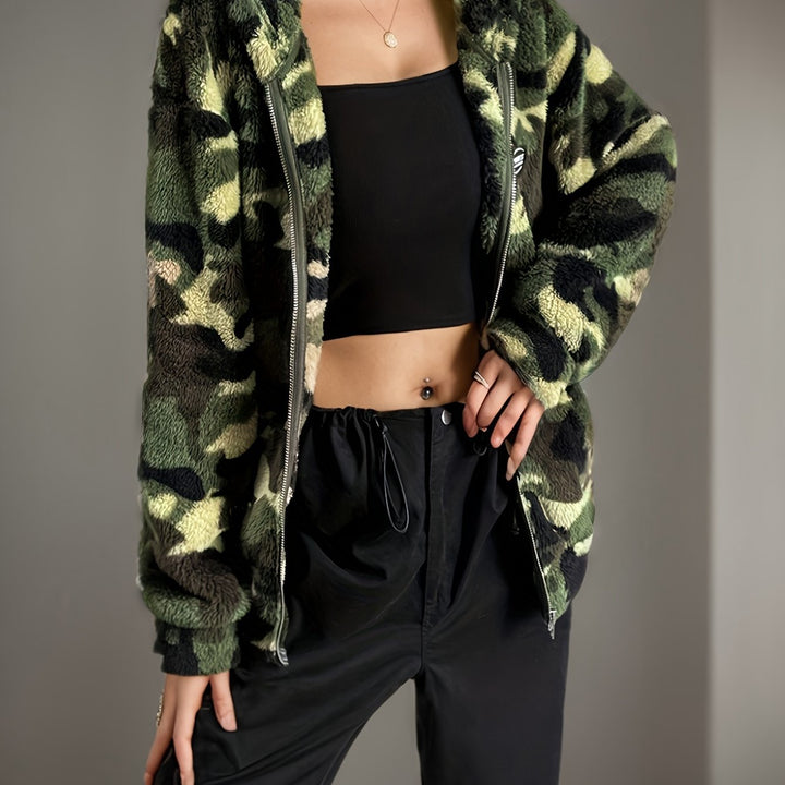 Lune London Camouflage Design Casual Polar Fleece Jacket for Women