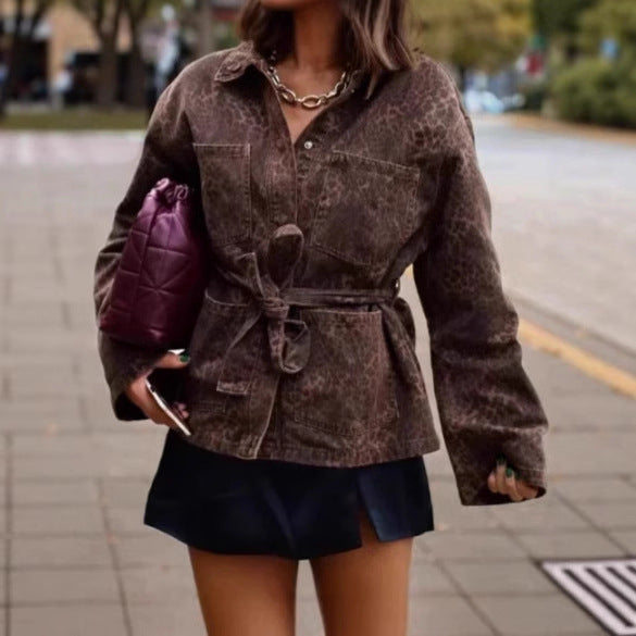 Women's denim jacket with flexible belted waist and animal print Lune London