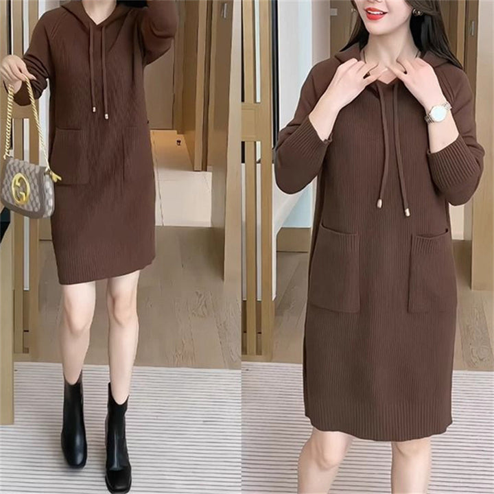 Knitted dress for women with hood and practical pockets Lune London