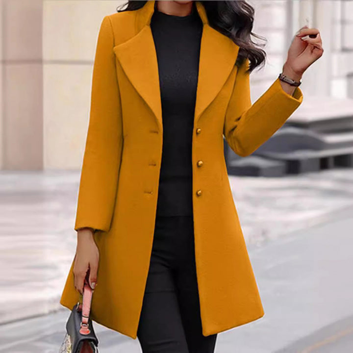 Elegant wool coat for women with a structured cut and a double-button design.