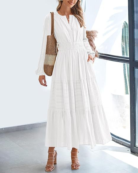 Maxi dress for women with elegant sleeves and refined elastic at the waist Lune London