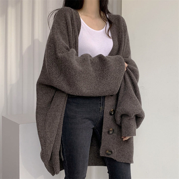 Ladies comfortable oversized knit cardigan with large buttons Lune London