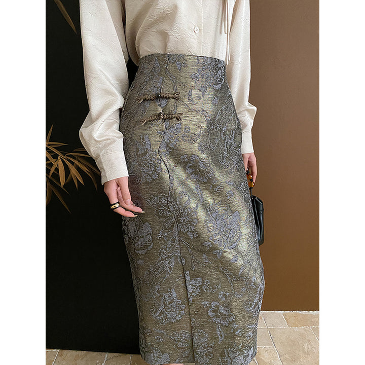 Women's Elegant Midi Skirt with Floral Motifs and Side Slit Chic & Stil