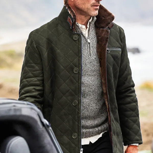 Long quilted coat for men with faux fur collar and practical pockets Lune London