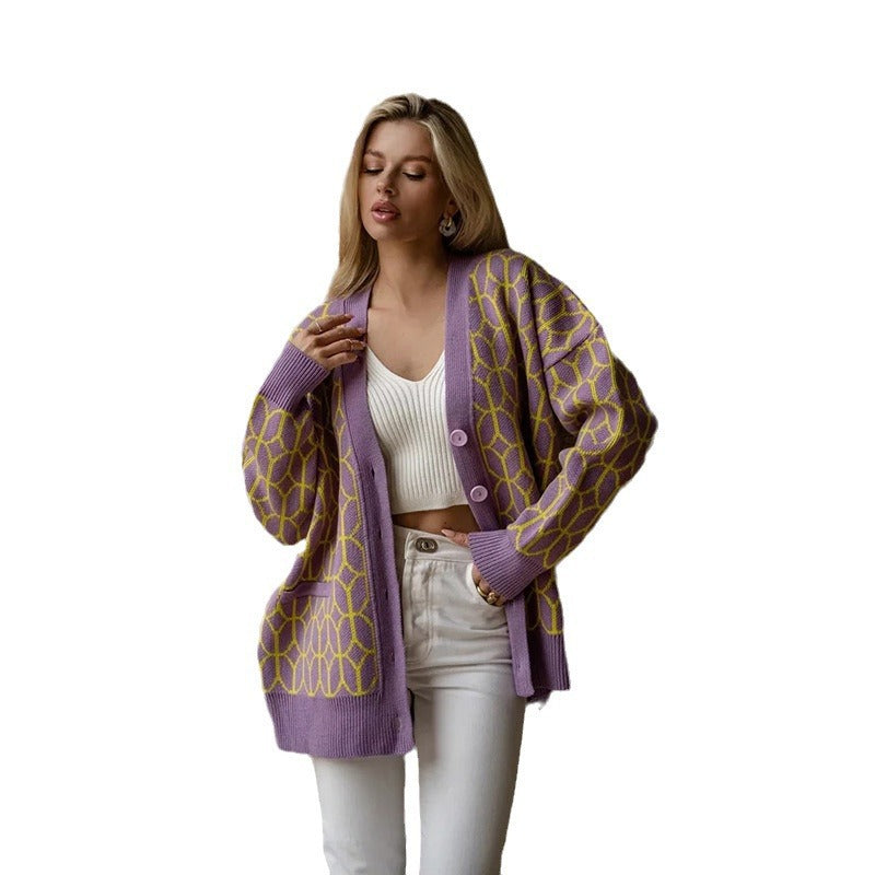 Women Knitted Patterned Cardigan with Large Button Placket Lune London