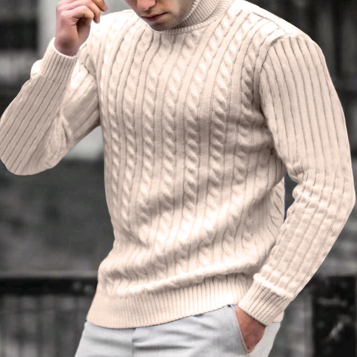 Knitted sweater for men in portrait format with high collar and textured pattern Lune London