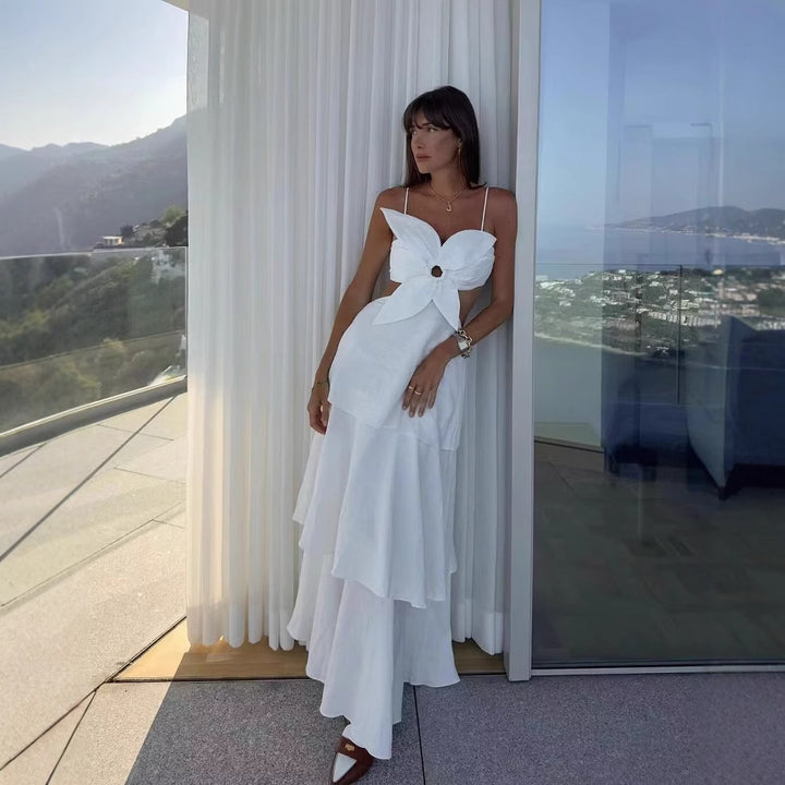 Maxi dress for women with a refined gathered design and a playful knot detail Lune London