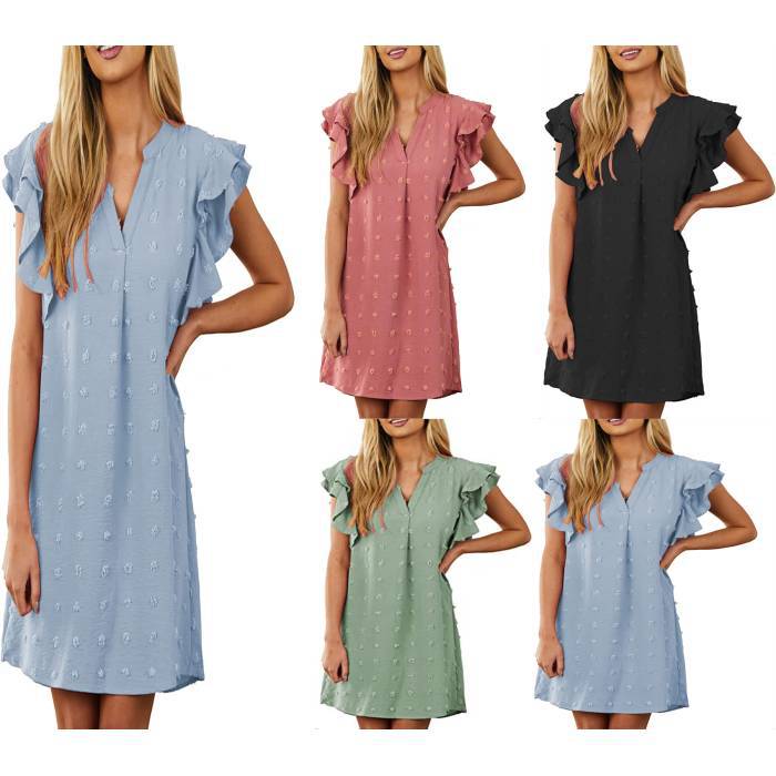 Chic and Stylish Women’s V Neck Shift Dress with Ruffle Sleeves