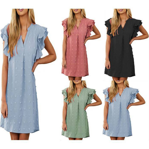 Chic and Stylish Women’s V Neck Shift Dress with Ruffle Sleeves
