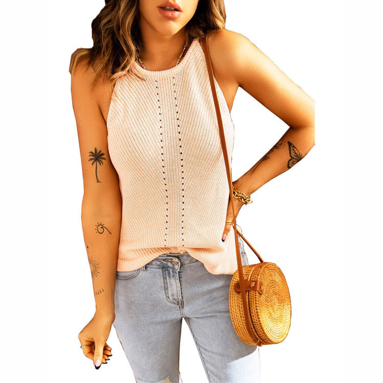 Sleeveless knitted tank top for women with structured ribbed look and decorative openwork pattern Lune London